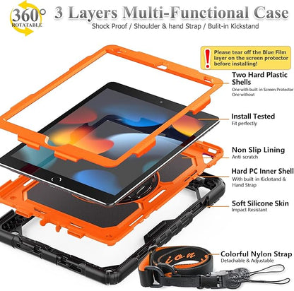 SEYMAC stock Case for iPad 9th/ 8th/ 7th Generation 10.2'', Shockproof with Screen Protector, Pencil Holder [360° Rotating Hand Strap] & Stand, for iPad 10.2 inch 2021-2019 (Brightorange)