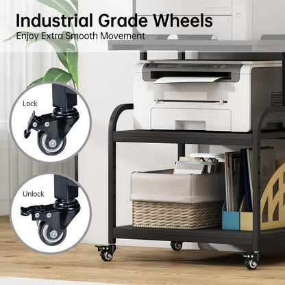 Printer Stand, 23.6 x18.9 x 30 Inches Large Printer Table with Adjustable Storage Shelf, 3 Tier Rolling Printer Cart with Wheels for Home Office, Stand for Heat Press Mini Fridge, Black