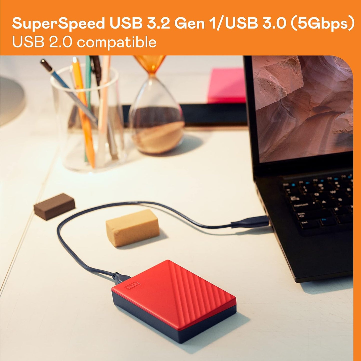 WD 1TB My Passport, Portable External Hard Drive, Red, backup software with defense against ransomware, and password protection, USB 3.1/USB 3.0 compatible - WDBYVG0010BRD-WESN