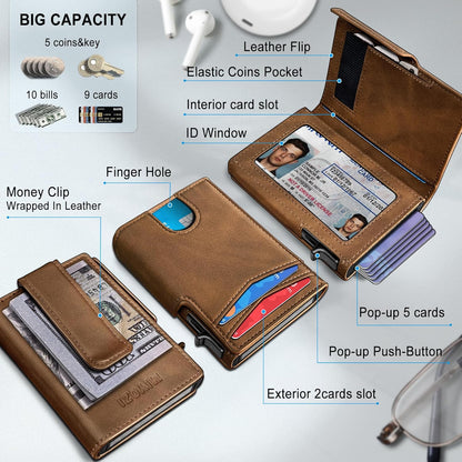 Men Wallet,with Money Clip Coins Pocket ID Window,Slim Front Pocket RFID Blocking Pop-up Card Holder 3.9"x 2.7", Gift Boxed