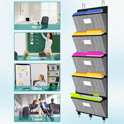 homyfort Over the Door File Organizer, Hanging File Folders, Wall Organizers and Storage for Mail, Magazine, Notebooks, Planners, Office, Classroom, 5 Extra Large Pockets, 50.39” Tall (Black)