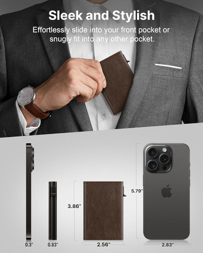 typecase Mens Wallet Card Holder: Pop Up Aluminum Case, Genuine Leather, Smart, RFID Blocking, Slim, Minimalist, Front Pocket - 9-14 Card Capacity | ID Window | Cash Slot (Black Brown)