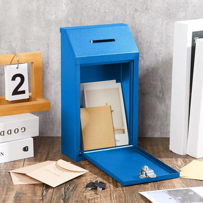 Metal Donation Cash Box Collection Safe Suggestion Box with Lock Wall Mounted Mailbox Delivery Ballot Container for Home Office Outdoor Door(Blue)