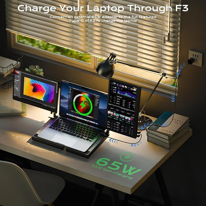 Laptop Screen Extender F3, Triple Portable Monitor 14-inch 360 Degrees Rotation with Stand, IPS FHD 1080P Workstation for Windows/Mac/Linux/Chrome Compatible with Notebook/Mini PC