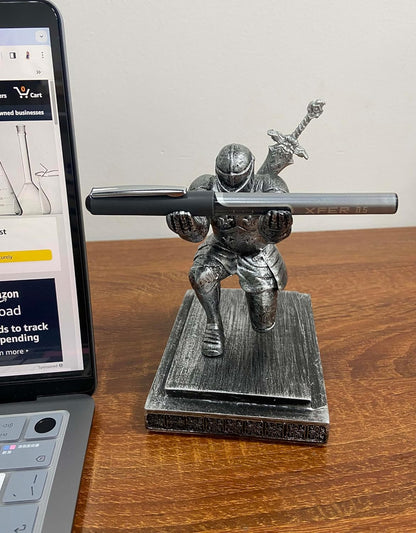 Magnetic Knight Pen Holder Knight Statue Pen Holder for Desk Organizers Resin Pencil Holder as Gift with Sword Letter Opener for Office Home Desk