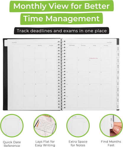 WallDeca Academic Planner 2025-2026, Daily, Weekly & Monthly Planner, July 2025 - June 2026, Student Notes Pages, Twin-Wire Binding Day and Weekly Agenda for School & Work (8 x 6-Inches, Black)