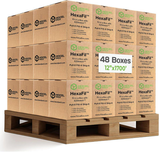 HexaFil Honeycomb Packing Paper - Eco-Friendly, Sustainable Filler for Shipping and Moving, Cushioned Packing Material in Easy Self-Dispenser Box - White, Pallet of 48, 12" x 1700'