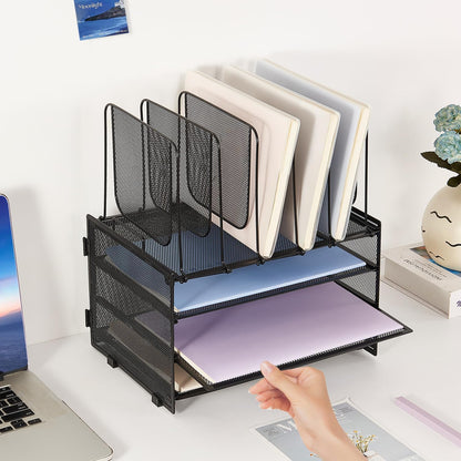 Desk Organizers and Accessories, 3-Tier Paper Organizer with 5 Vertical File Holders, File Folder Organizer (Black, 3T)