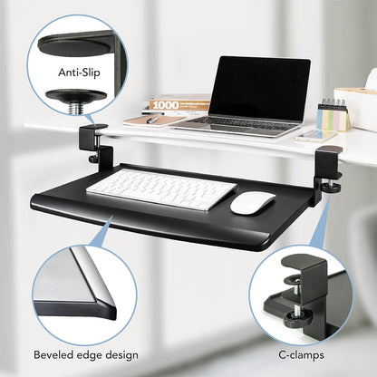 EHO Clamp-On Retractable Adjustable Keyboard Tray, Under Desk Ergonomic Keyboard Tray - Easy Tool-Free Install - Small Surface 20" (24.8" Including Clamps) x 11.5"