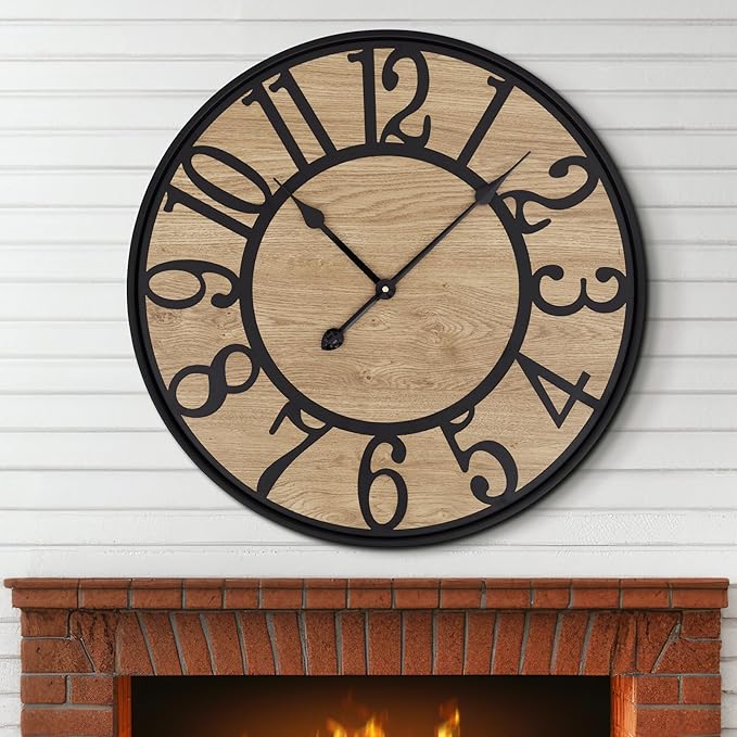 Maxstar Large Wall Clock for Living Room,Metal & Wood Silent Rustic Farmhouse with Arabic Numeral, Battery Operated Wall Clocks Decorative for Bedroom Office Home Decor 24inch Black