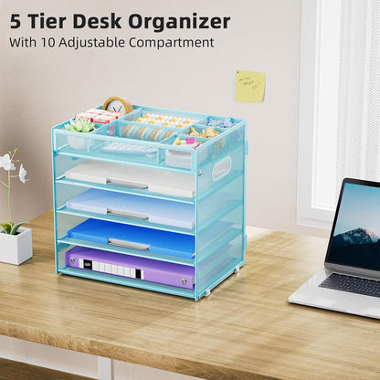 Marbrasse 5-Tier Letter Tray Paper Organizer with Handle, Multi-Functional Mesh File Organizer for Desk, Adjustable Compartments Mesh Desktop Storage for Office Supplies,Blue