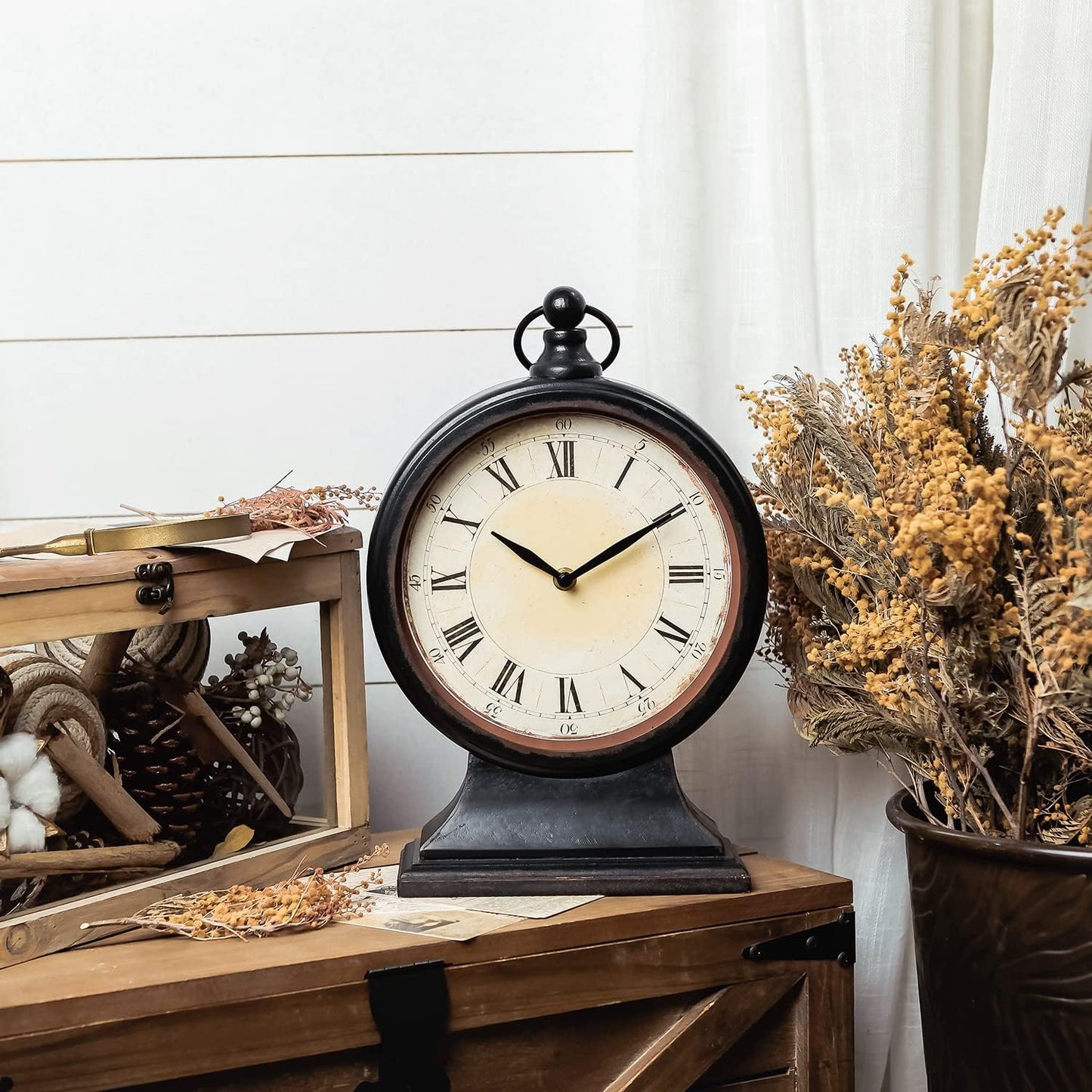 NIKKY HOME Vintage Black Mantel Clocks for Fireplace, Silent Non-Ticking Battery Operated Large Table Desk Shelf Metal Clock for Living Room Decor