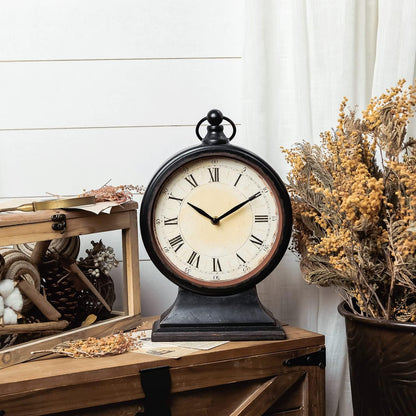 NIKKY HOME Vintage Black Mantel Clocks for Fireplace, Silent Non-Ticking Battery Operated Large Table Desk Shelf Metal Clock for Living Room Decor