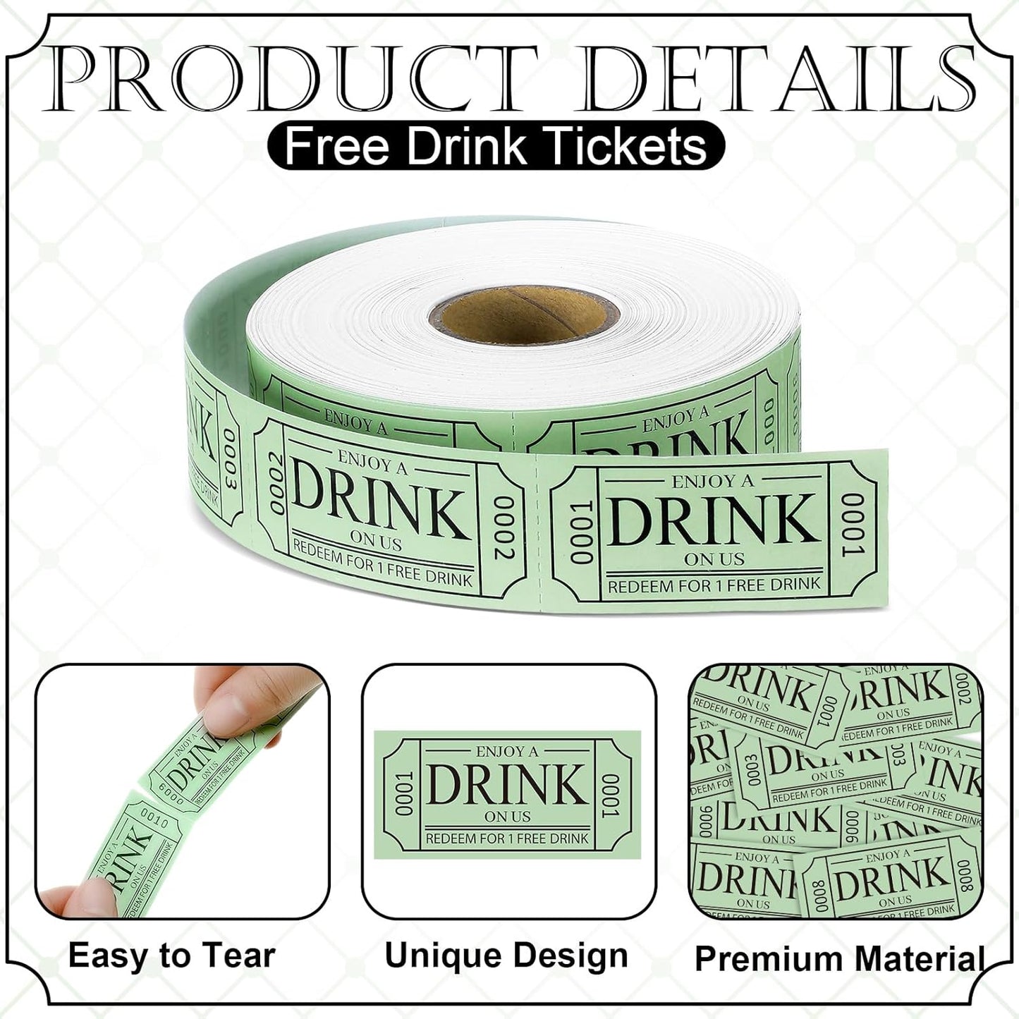 TaoBary 2 Rolls 1000 Pcs Free Drink Ticket Roll Raffle Party Tickets for Events Wedding and Parties(Sage Green)