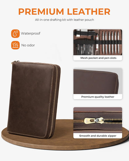 Metal Mechanical Pencil Set in Leather Case, 5PCS Art Drafting Pencil 0.3, 0.5, 0.7, 0.9 & 2mm Lead Holder, 9 Tube (4B 2B HB 2H Colors) Lead Refills for Drawing, Sketching, Writing (Silver)