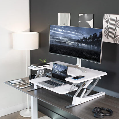 VIVO 36 inch Height Adjustable Stand Up Desk Converter, V Series, Quick Sit to Stand Tabletop Dual Monitor Riser Workstation, White, DESK-V000VW