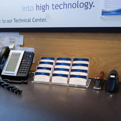 7Penn Acrylic Business Card Holder for Desk - 12 Slot Card Organizer for Desk Storage - Clear Countertop Sticker Display 3 Tier Horizontal Business Card Display Rack - 600 Card Holder Stand