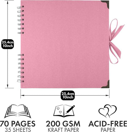 Bstorify 10 x 10 Inches Scrapbook Album 70 Pages Pink Thick Kraft Paper Corner Protectors, Ribbon Closure - Ideal for Your Scrapbooking, Art & Craft Projects (Pink, 10 x 10 Inch)