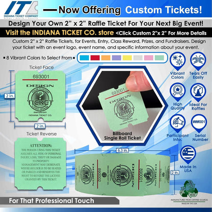 Custom 2” x 2” Billboard Single Roll Ticket, Design Your Roll Tickets with Event Logos, Classroom Rewards, Fundraisers, Door Entry, Raffles, Prizes, Drink/Food Tickets, & More (8 Color Selection)