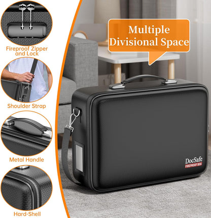 DocSafe Fireproof Document Box with Lock＆Shoulder Strap, Hard-Shell Case File Organizer with Accordion File Folder, Multi-Layer Portable Home Office Travel Safe Storage for Important Documents Laptop