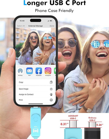 MOSDART 512GB USB3.1 Fast Speed C and A Dual Flash Drive, exFAT Memory Stick with Keychain and LED Indicator, for iPhone 15,16,17, Android Phone, iPad, MacBook, and Other Laptops, Sky Blue
