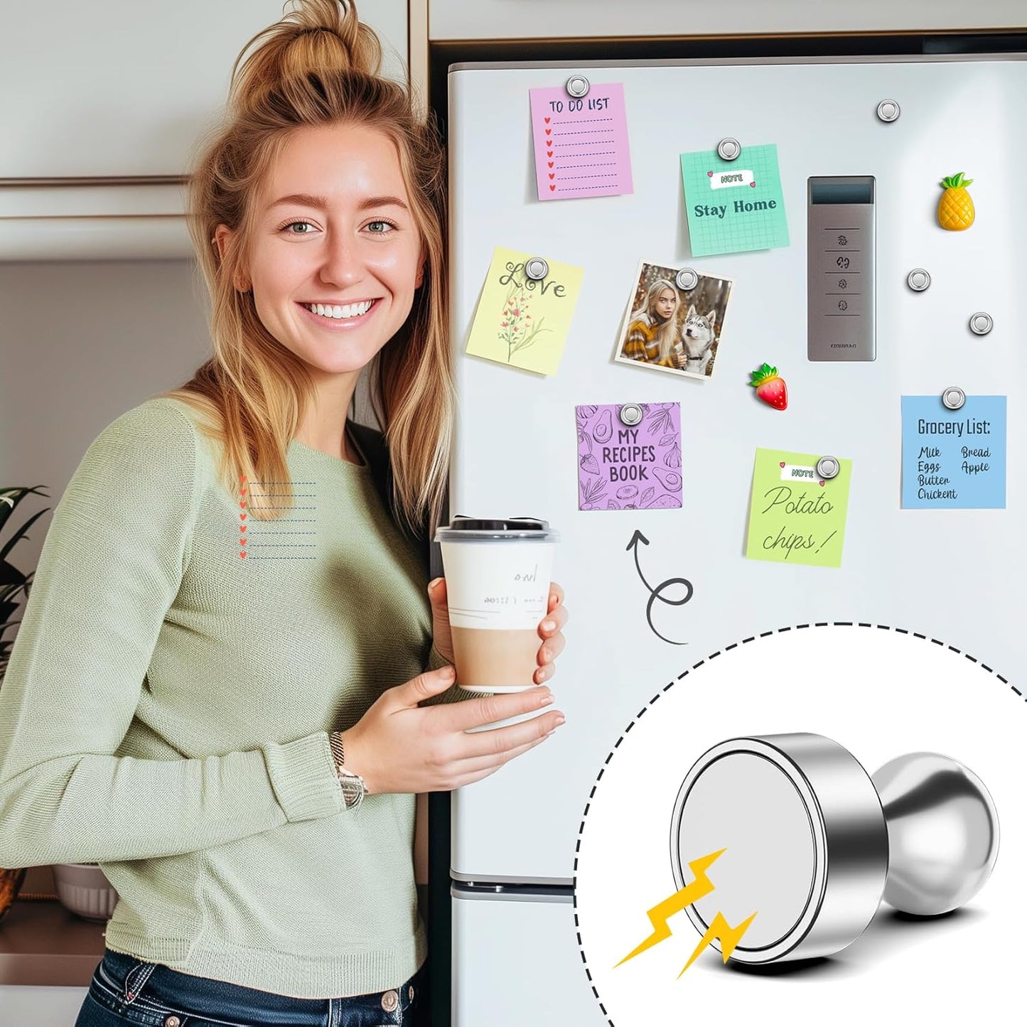 FINDMAG 42 PCS Fridge Magnets, Strong Neodymium Magnets for Whiteboard, Silver Push Pins for Home, Map, Office, Kitchen Accessories