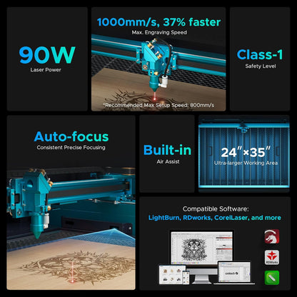 OMTech Pronto 90W CO2 Laser Engraver & Cutter – 35"x24" Workspace, 1000mm/s Speed, Autofocus, Air Assist, 2-Way Pass, for Wood, Acrylic & More