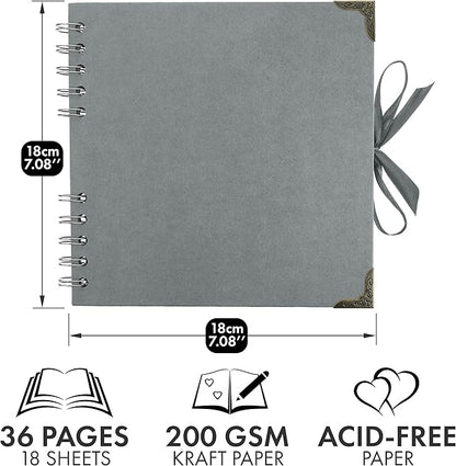 Bstorify Square Scrapbook Photo Albums 7 x 7 Inch Grey Hardcover with Ribbon Closure - Ideal for Scrapbooking, Art & Craft Projects