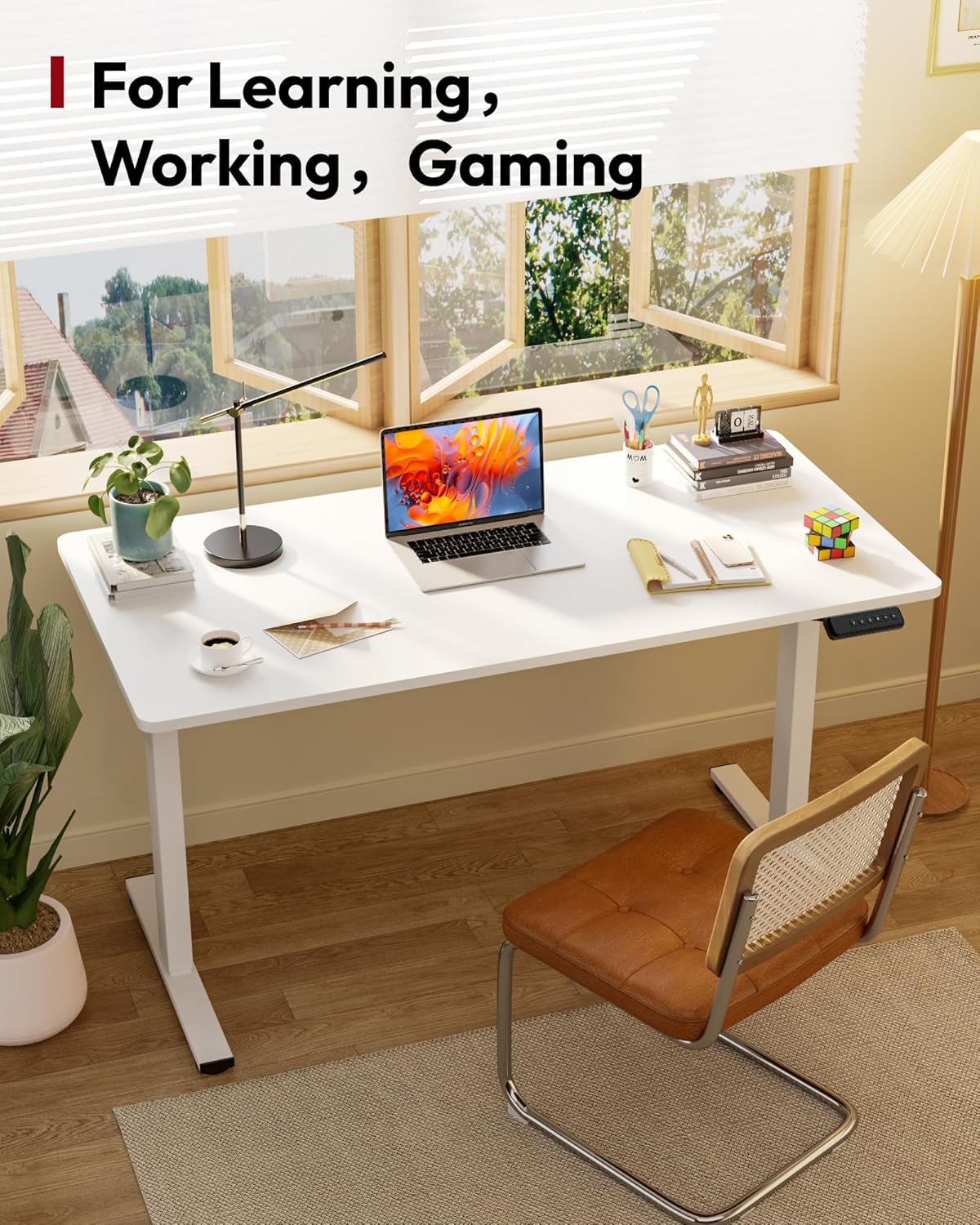 SANODESK Electric Standing Desk 40 x 24 Inches Whole-Piece Desktop Height Adjustable Stand Up Desk w/6-Button Controller Ergonomic Computer Desk for Home Office, White Frame + White Tabletop