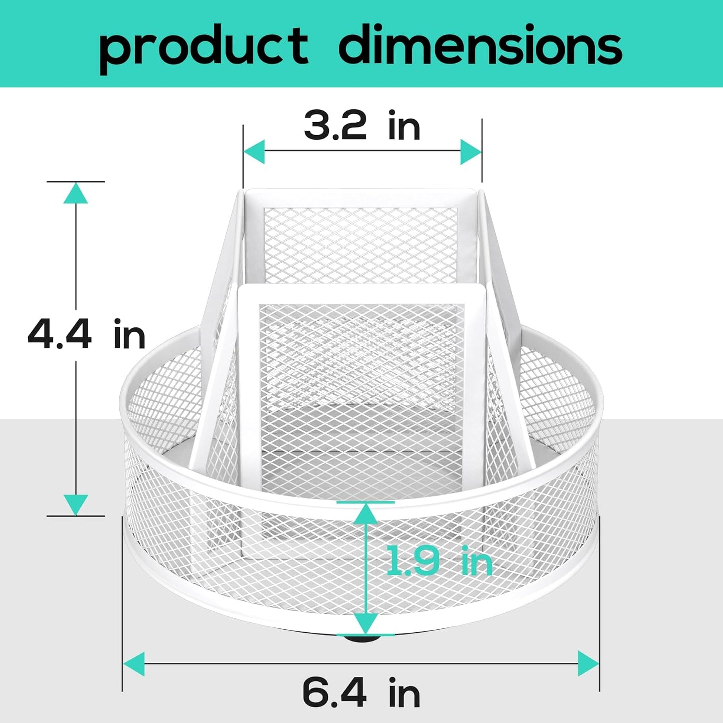 YINGHUA Metal Mesh Desk Organizer with 5 Compartments and Rotating Pencil Holder Pen and Stationery Organizer for Office Home School Anti Slip Base White