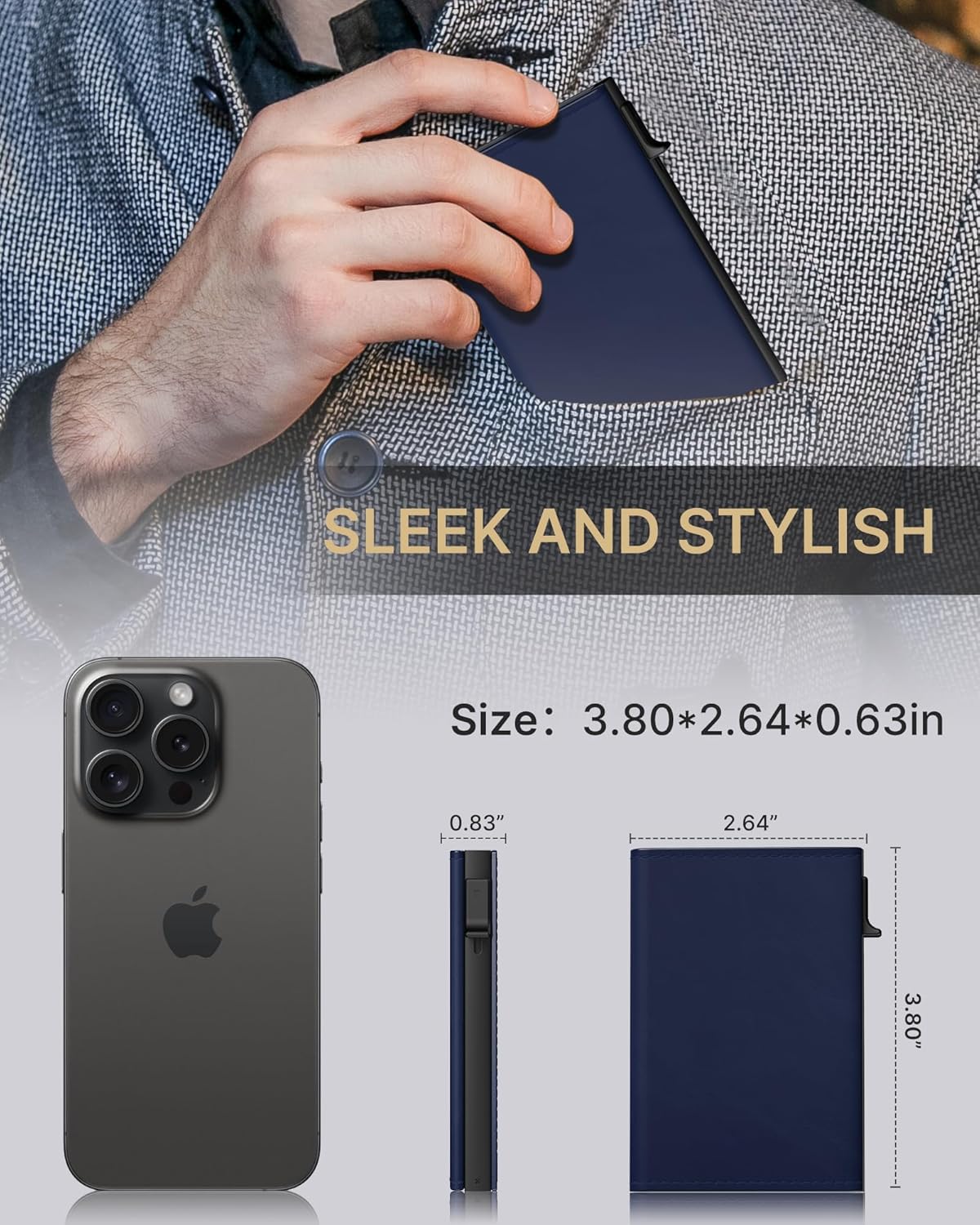 typecase Mens Wallet Card Holder: Pop Up Aluminum Case, Premium Genuine Leather, Smart, RFID Blocking, Slim, Minimalist, Front Pocket - 9-14 Card Capacity | ID Window | Cash Slot (Navy)