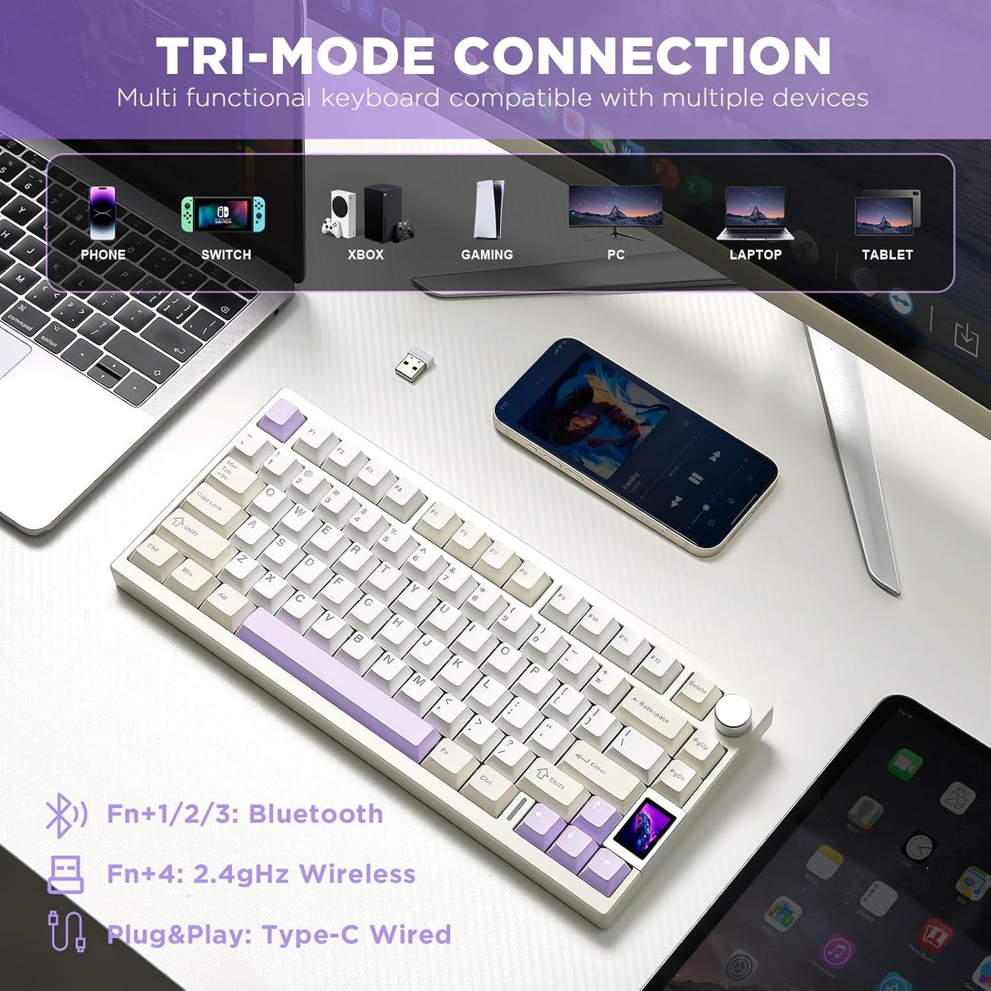 YUNZII AL80 Wireless Mechanical Keyboard,Full Aluminum CNC, Smart LCD Display,Hot Swappable Gasket Mount 75% Layout with Knob,BT/2.4G/USB-C,QMK/VIA Support for Win/Mac (Beige, Cocoa Cream V2 Switch)