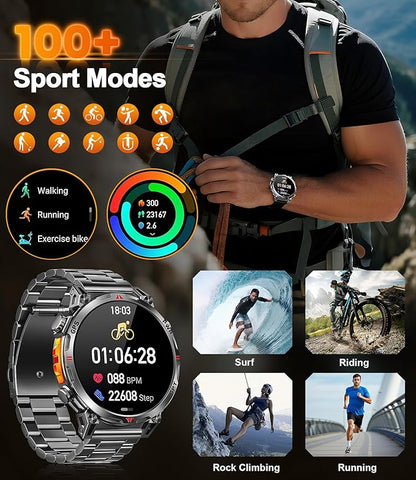 Military Smart Watches for Men GPS, 1.56" AMOLED Screen Bluetooth Call, Smartwatch for Android Phones and iPhone, 100+ Sport Modes, 3ATM Waterproof Smart Watch with Compass