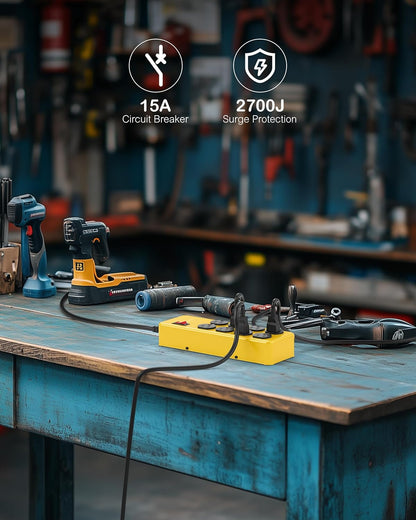 Heavy Duty Power Strip,Industrial Heavy Metal Case Surge Protector,8 AC Outlets,15Amp,2700 Joules,Protected' Indicator,14 Gauge Cord (Yellow, 6FT Length)