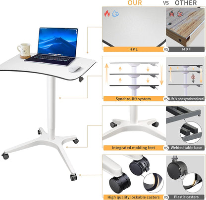 Pneumatic Adjustable Height Desk, Laptop Standing Desk, Rolling Sit-Stand Cart, Mobile Podium Portable Lectern for Home, Office& Classroom, 26" 19.3" Platform (29" to 46.9" H)，White