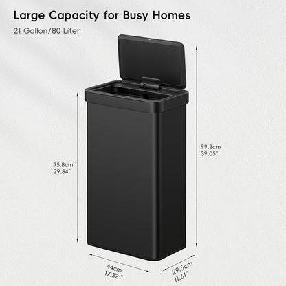 EKO Nova Sensor Trash Can, 21 Gallon/80 Liter Stainless Steel Rectangular Touchless Motion Sensor Trash Can, Matte Black