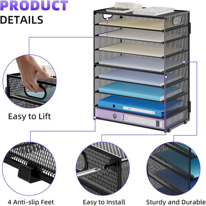 Marbrasse Paper Organizer Letter Tray, 9 Tier Mesh File Organizer with Handle, Paper Sorter Desk Organizer for Home Office Supplies