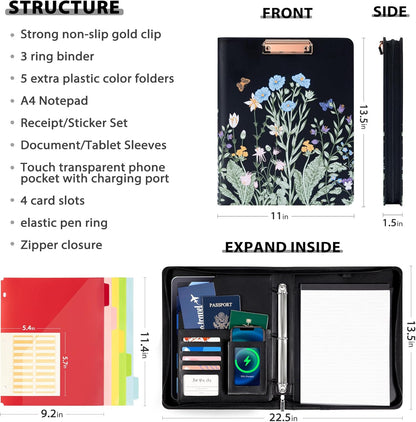 Leather Clipboard with Storage, Zippered Padfolio Portfolio Organizer, 3 Ring Binder 1 Inch, Notepad, Tablet Sleeve, 5 Dividers with Pocket, Stickets for Office Nurses Students, Teachers Night Flowers