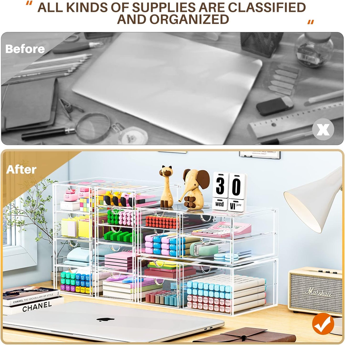Makeup Organizer Storage With 16 Drawers, 4 Pcs Desktop Office Supplies, Desk Organizers, Clear Accessories, Dustproof Drawer and for Make Up, Jewelry, Pen, Stationary