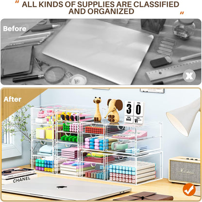 Makeup Organizer Storage With 16 Drawers, 4 Pcs Desktop Office Supplies, Desk Organizers, Clear Accessories, Dustproof Drawer and for Make Up, Jewelry, Pen, Stationary
