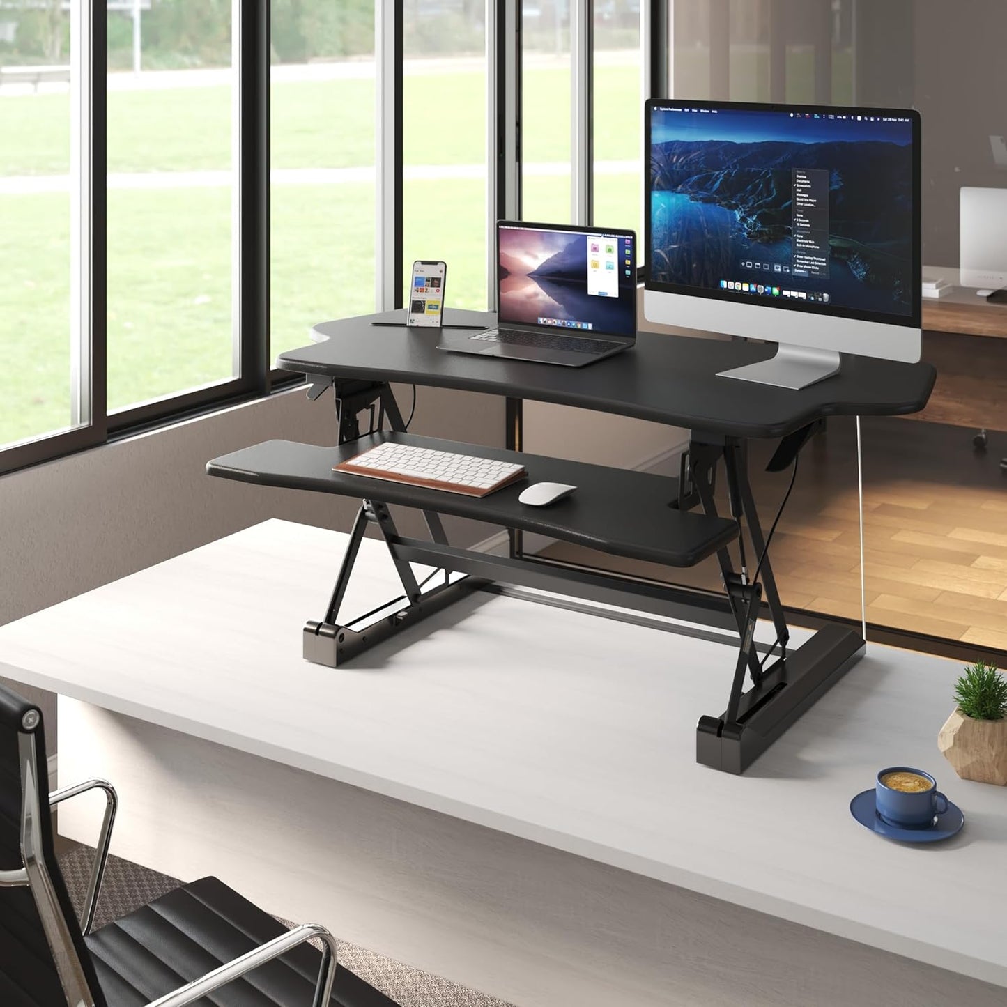 Mount-It! Height Adjustable Standing Desk Converter, Extra Large 48” Wide Tabletop for Dual Monitors, Stand Up Desk Riser to 19.5" Tall, Gas Spring Raising Desk Computer Workstation Convertor in Black