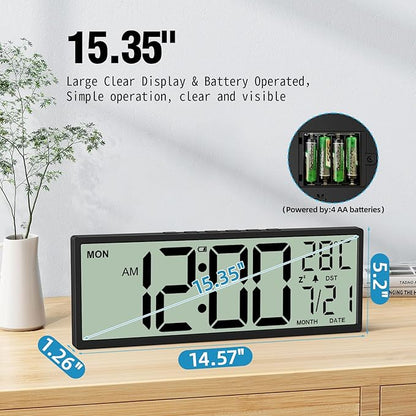 XREXS 14.5" Digital Wall Clock Battery Operated with Big Digits LCD Screen Display, Large Display Timer with Temperature Date Week Auto DST, Alarm Clock for Classroom, Livingroom, Office