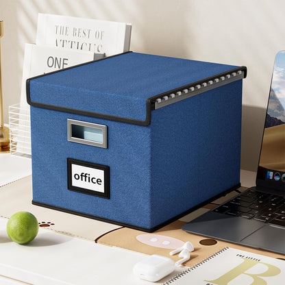 Huolewa Decorative File Organizer Box Office Document Storage with Lid, Portable Collapsible Linen Hanging Filing & Storage Boxes for Office/Decor/Home (Royal Blue) - 14.9 x 12.7 x 10.8 inch - 1Pack