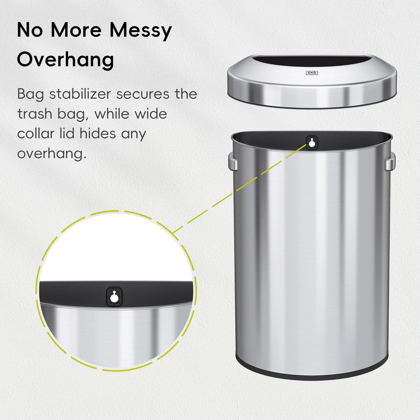 EKO Urban 16 Gallon Semi-Round Open Top Waste Bin, Stainless Steel Half Round Commercial Trash Can for Indoor and Outdoor, Extra Large Metal Garbage Bin for Home, Office, Restaurant, Restroom, 60L
