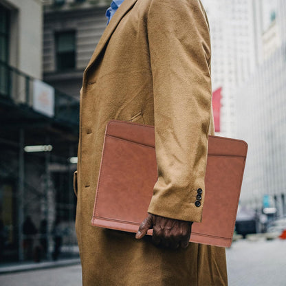 Vegan Leather Portfolio with Front Pocket for Men and Women, 8.5 x 11 Legal Pad Notepad Holder, Zippered Business Organizer, Professional Executive Letter Notebook Folder for Work, Brown