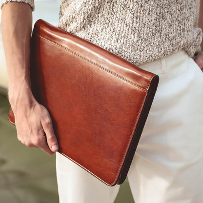 Time Resistance Leather Portfolio - A4 Document Folder - Italian Handcrafted Padfolio Organizer (Cognac Brown) - Gift Box Included