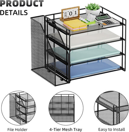 Marbrasse Desk Organizer and Accessories，4-Tier Paper Letter Tray Organizer with File Holder，Desk Accessories & Workspace Desktop Organizers for School Home Office Supplies (Black)