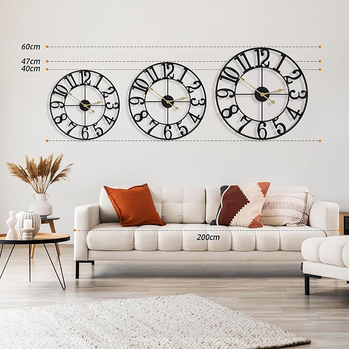 Large Wall Clocks for Living Room Decor, 16 Inch Round Black Metal Silent Non Ticking Battery Operated Jumbo Numerals Modern Vintage Decorative Clock Wall for Bedroom,Kitchen,Office,Farmhouse