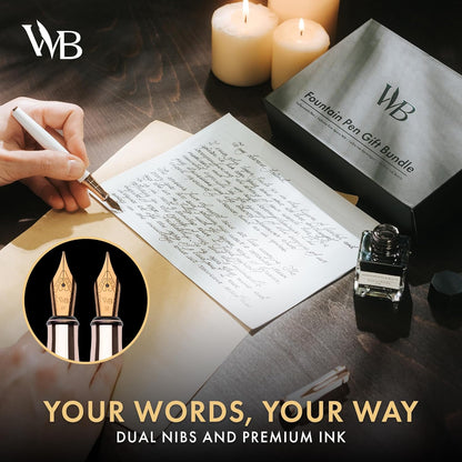 Wordsworth & Black Fountain Pen Set,18K Gilded Medium & Extra Fine Nib,25ML Black Ink Bottle,6 Ink Cartridges,Refill Converter,Gift Box,Smooth Writing Pen [White Rose Gold],Gift Set for Men and Women