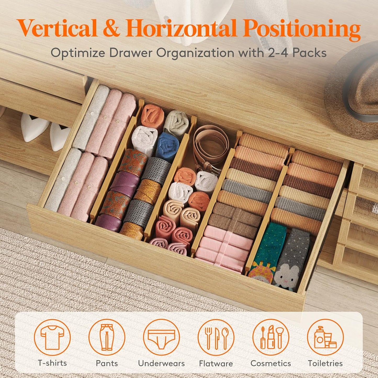 Lifewit 16-22" L x 4" H Drawer Dividers Bamboo 5 Pack, Adjustable Drawer Organizers for Clothes, Expandable Dresser Separators in Bedroom/Bathroom/Kitchen/Fridge/Office Organization and Storage